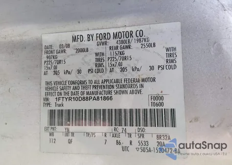 2008 Ford Ranger Xl/Xlt из США, поврежденный, VIN 1FTYR10D88PA81866